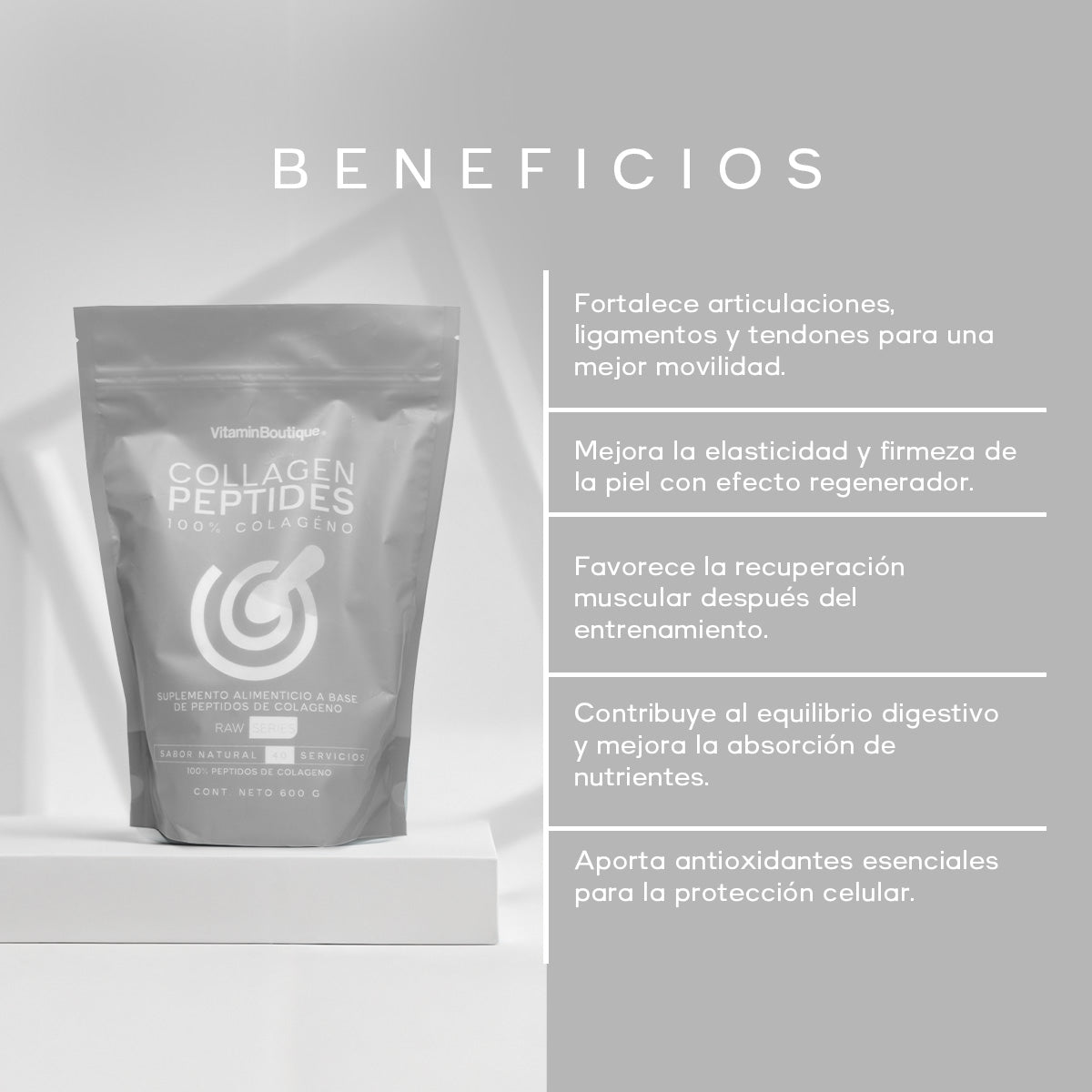 COLLAGEN PEPTIDES | VITAMIN BOUTIQUE | 100% PEPTIDOS DE COLAGENO | SABOR NATURAL | 40 SERVICIOS | 600G